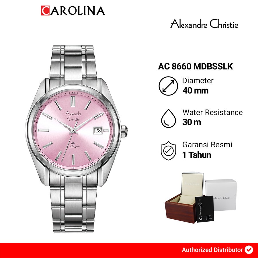 Jam Tangan Pria Alexandre Christie Classic Steel AC 8660 MDBSSLK Pink Dial Silver Stainless Steel St