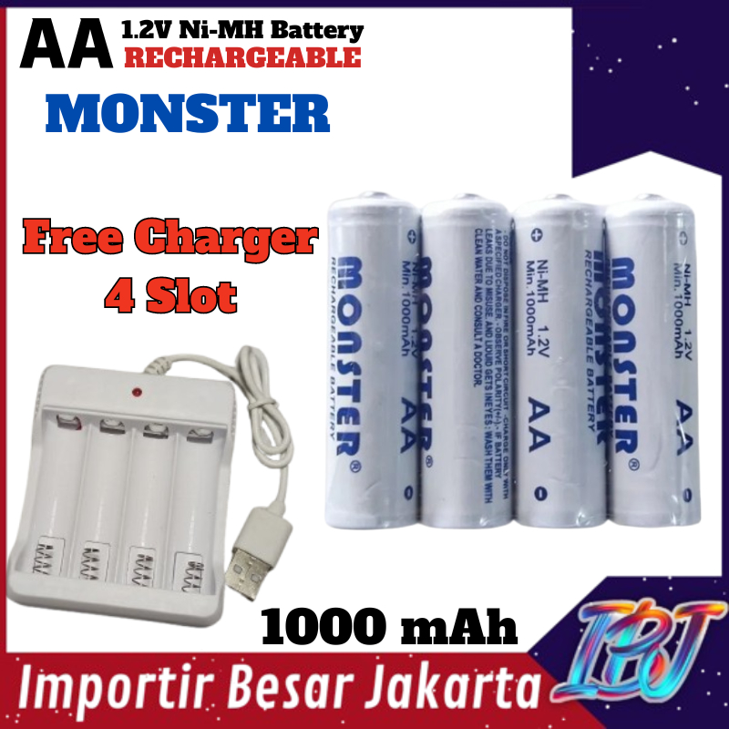 GRATIS CHARGER Baterai AA Monster 1000mAh Isi 4 Cas Rechargeable Recharge dan Charger Charge Isi Ula