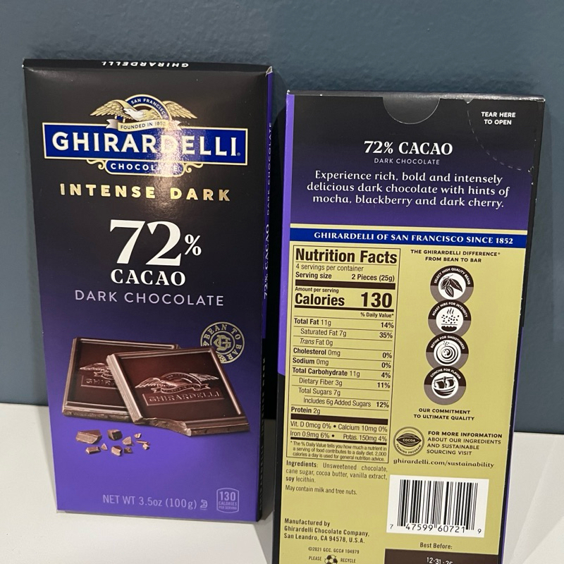 

GHIRARDELLI INTENSE DARK Chocolate 72% Cacao Candy Bar - 3.5oz 100gr