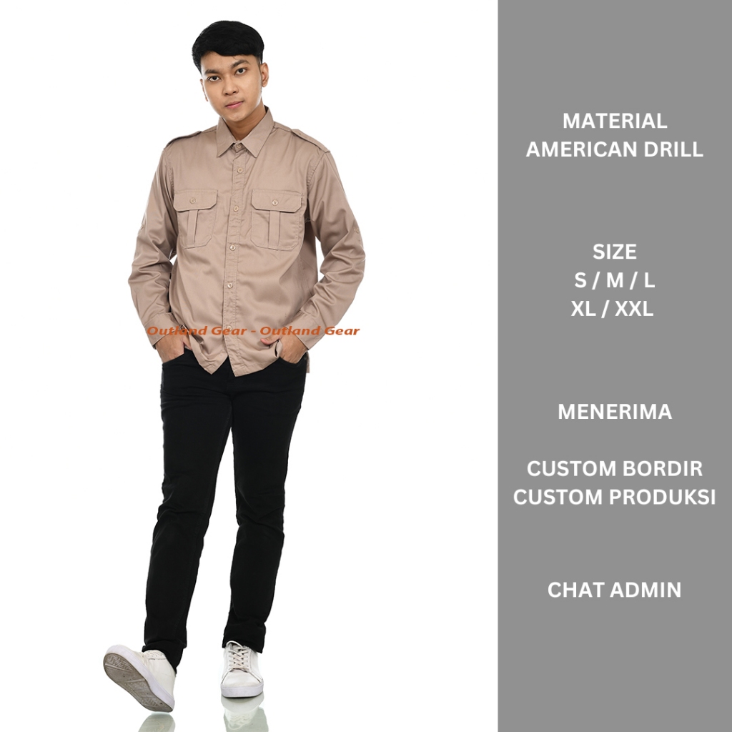 Baju PDL Pria Lengan Panjang Kemeja Seragam Kerja Dinas Lapangan PDL PDH Khaki Bahan American Drill 