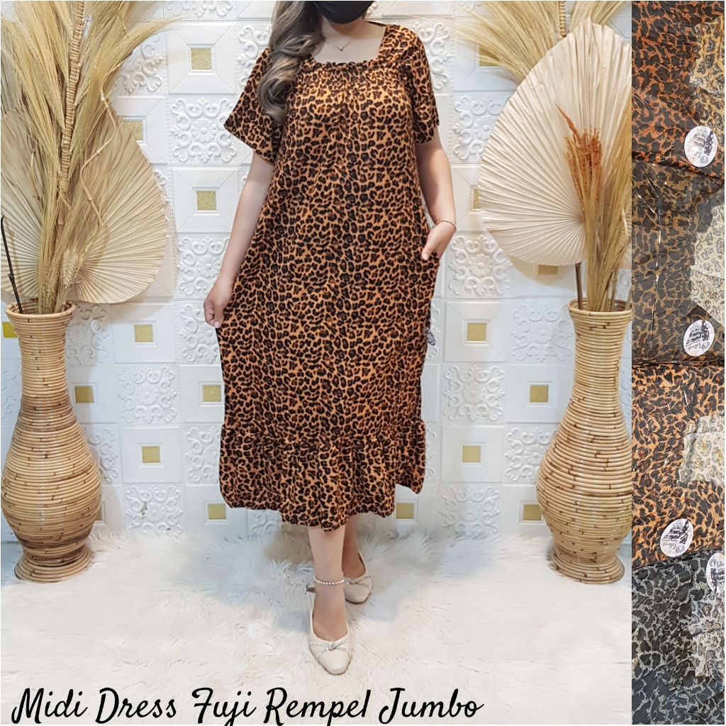 Midi Daster Dress Fuji Remple Busui Wanita Motif Macan Leopard