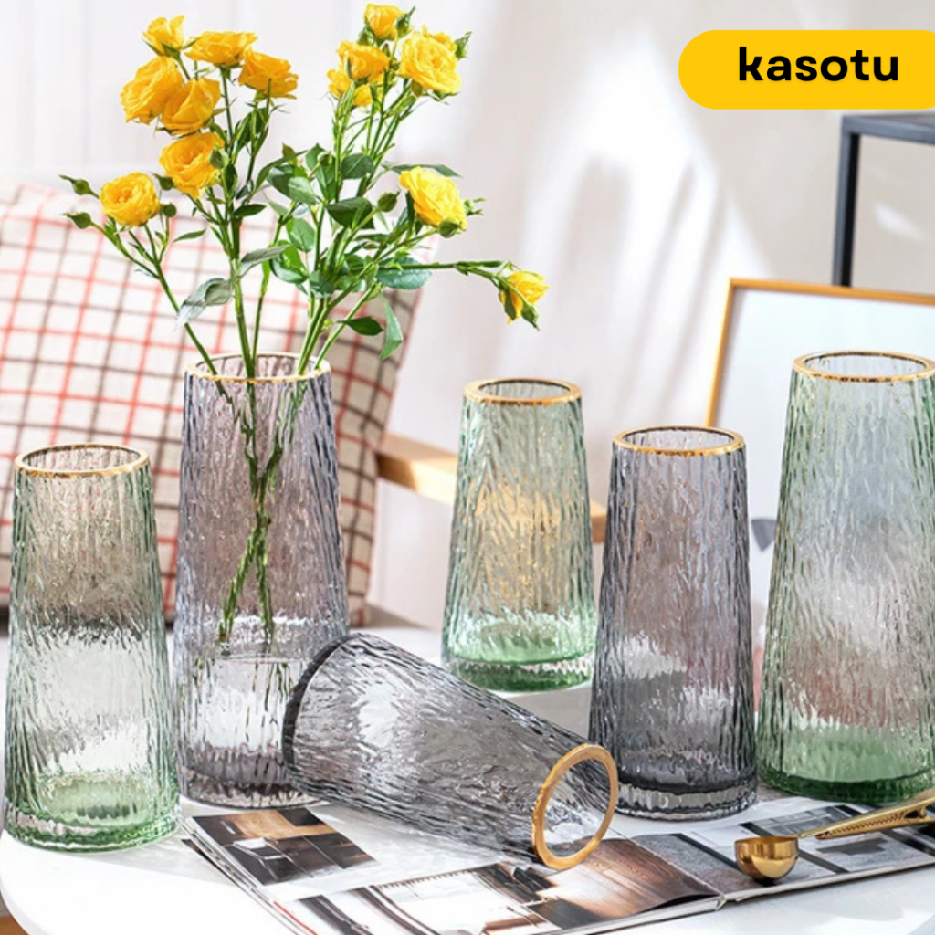 Tempat Hiasan Interior Glass Vas Vase Bunga Motif Daun Plastik Artifisial Kering Basah Mawar Matahar