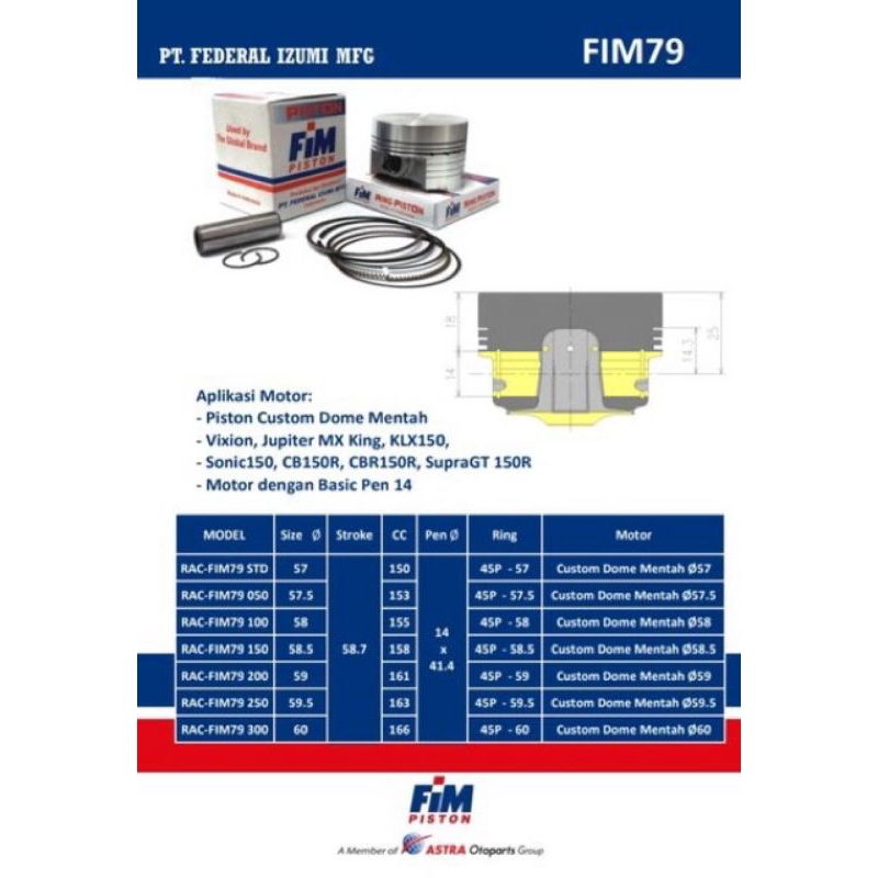 Piston kit FIM Vixion Mx Klx Vario 150 Xeon Crf 150 Mx King mentahan pin 14 57mm - 60mm
