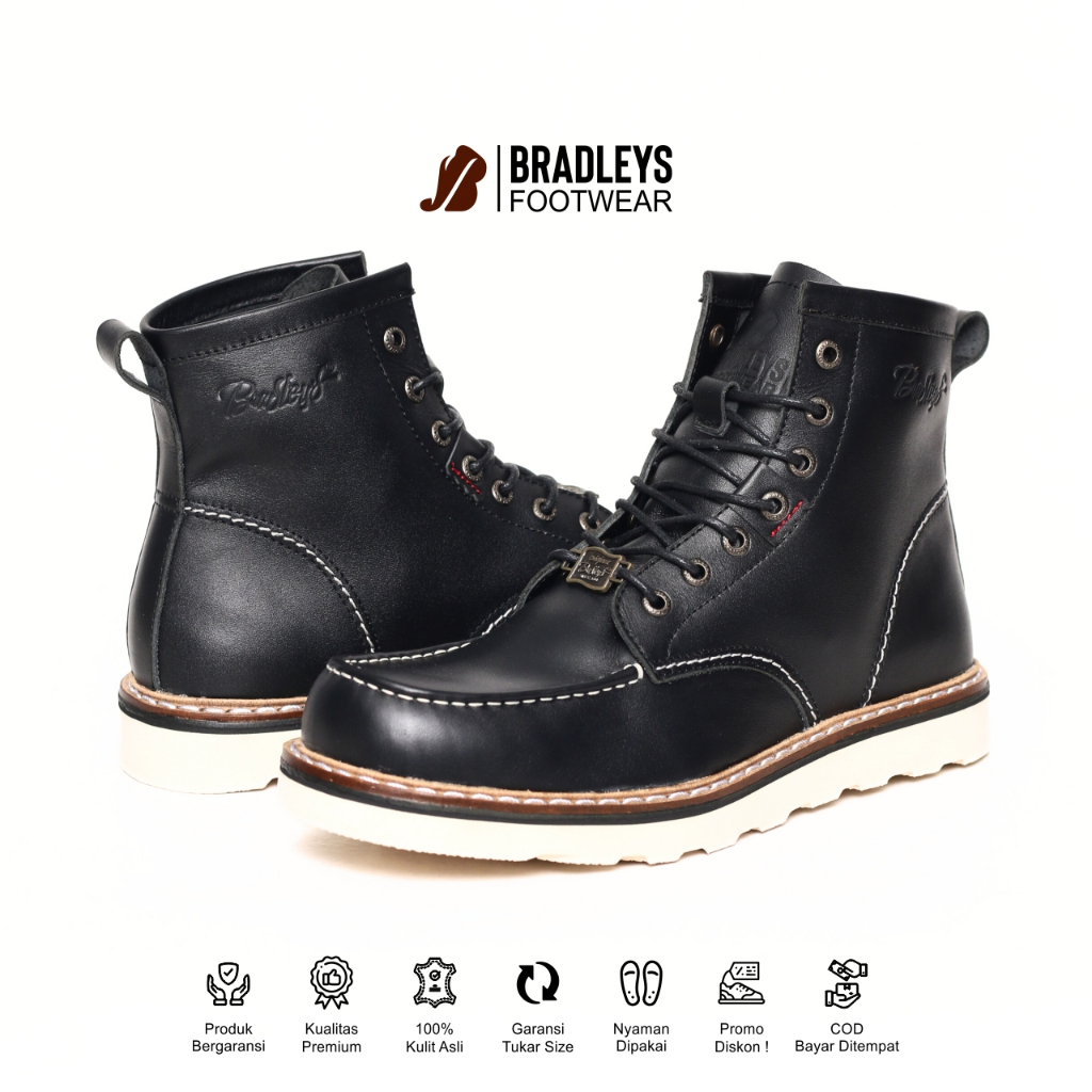 [Premium] Bradleys Roger Black - Sepatu Kulit High Boots Pria Red Wing
