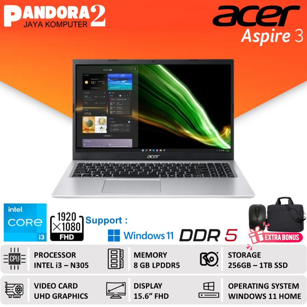 Laptop ACER Aspires 3 Slim A315 core i3 N305 8GB 512GB SSD FHD Win11 Terbaru