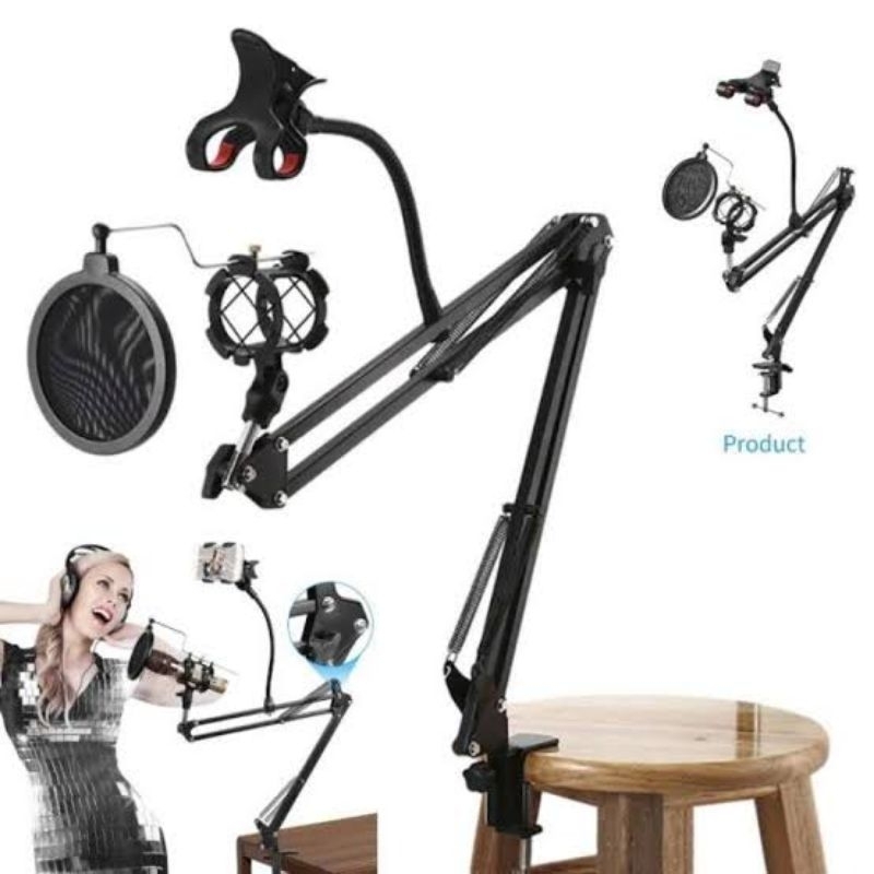 STAND HOLDER 2IN1 HANDPHONE MICROPHONE SELFIE LIVE STREAMING BAHAN BESI FLEKSIBEL DUDUKAN HP & MIC