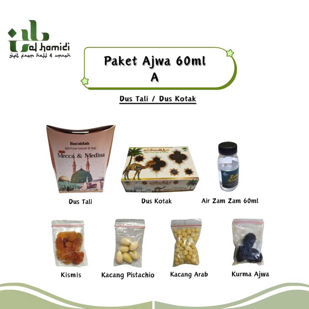 

Paket oleh oleh haji dan umroh ajwa 60 ML Paket oleh-oleh haji dan umroh ajwa 60 ML