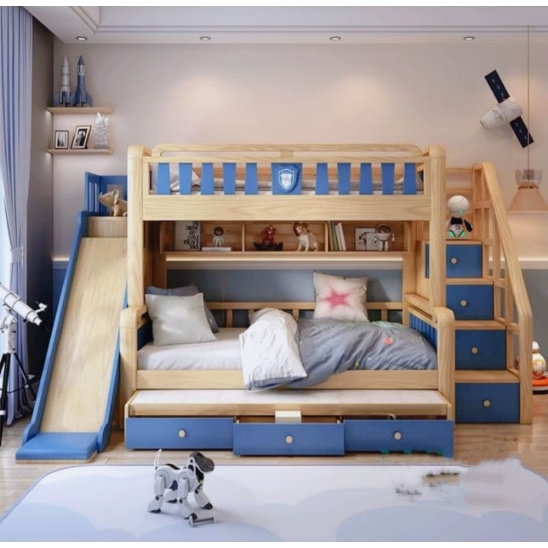 Tempat tidur tingkat anak kayu / Ranjang tingkat anak perosotan / Tempat tidur anak murah