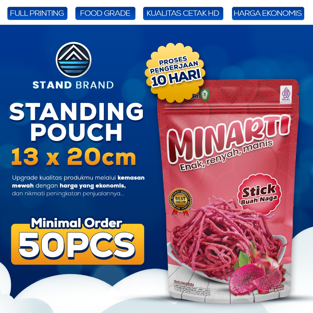 13x20cm Standing Pouch Full Printing Cetak Custom Kemasan Snack Makanan