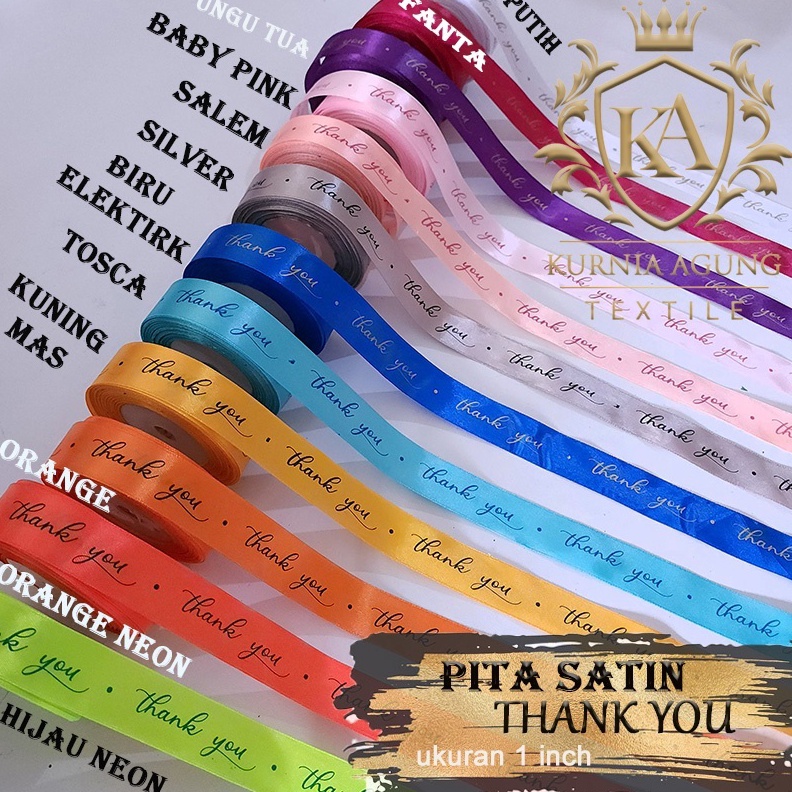 

Pita kado THANK YOU terimakasih ukuran 1 inch dijual 1 roll dan 1 meter Tulisan Thank You pita kado souvenir