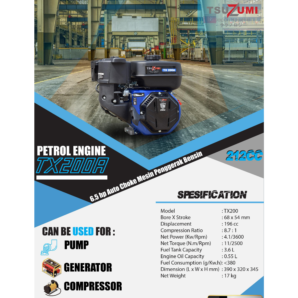 Tsuzumi Mesin Penggerak Bensin Gasoline TX200A TX390E TX500 / Petrol Engine Untuk Kompresor