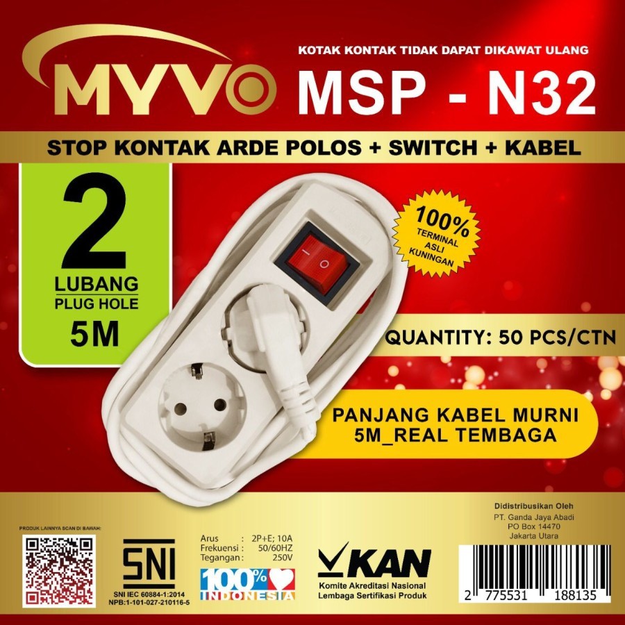 Stop Kontak Kabel Myvo 5 Meter 2 Lubang MSP-N32 5 Meter Arde + Switch/Saklar
