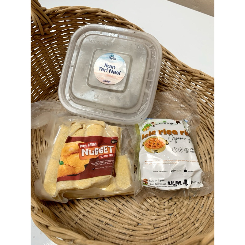 

Paket Hemat 4 (Teri Nasi basah-Nugget gabus GF- Lele rica/belut rica)