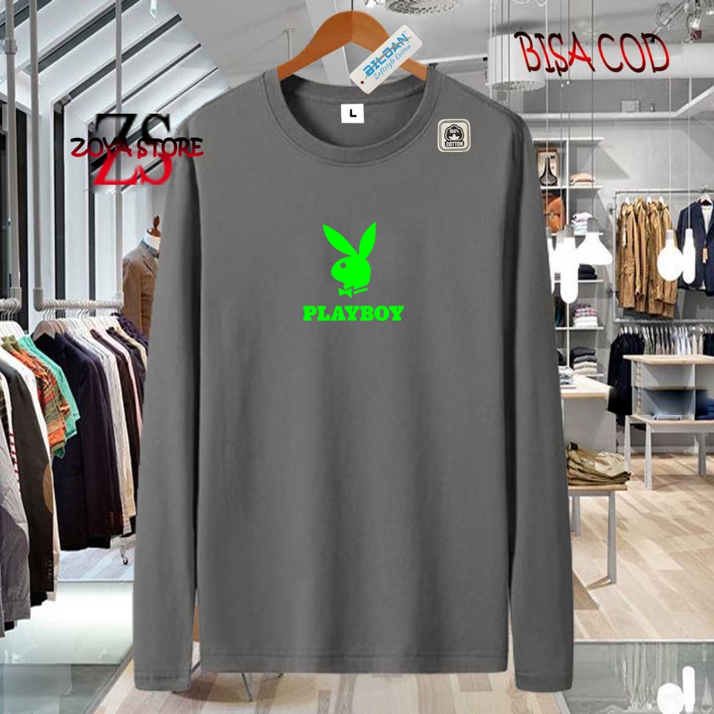 COD  Baju Kaos Distro Playboy Text Neon Premium Quality Kaos Cotton Combed 30s Lengan Panjang T-Shri