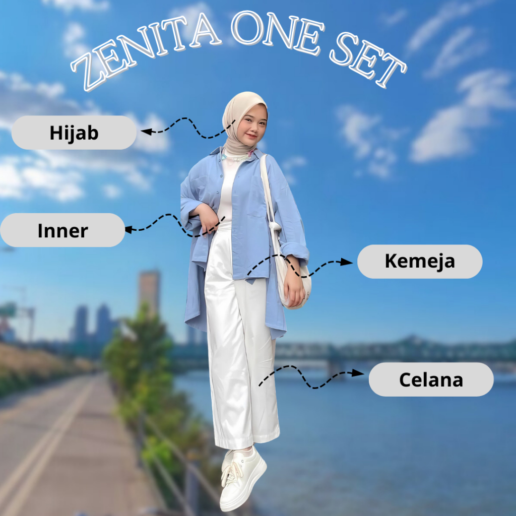 Zenita Set Ootd Pantai, Ootd Liburan Simple Hijab Set Bella Square + Inner+ Kemeja + Kulot