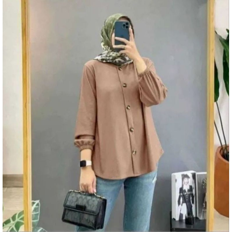 ATASAN BLOUSE WANITA ATASAN KEMEJA WANITA BLOUSE POLOLINEN BLOUSE LENGAN PANJANG TANGAN KARET BLOUSE