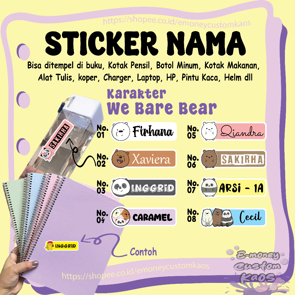 

STICKER LABEL NAMA WE BARE BEAR CUTE STIKER CUSTOM LEBEL PREMIUM MURAH CUTE BISA TEMPEL DI BUKU KOTAK PENSIL HELM BOTOL MINUM KOTAK MAKANAN ALAT TULIS KOPER LAPTOP HP PINTU KACA