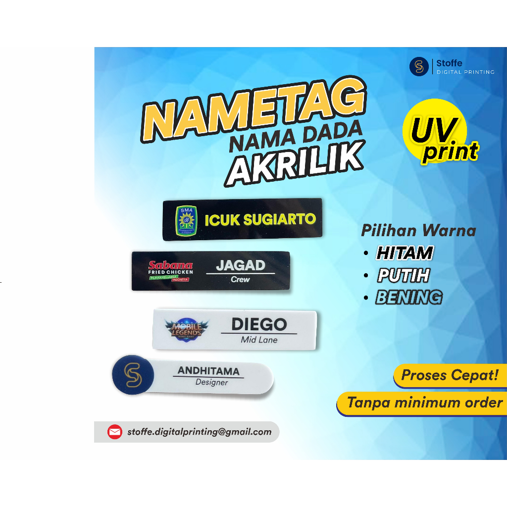 

Nama Dada Akrilik I Nametag I Plat Nama Dada UV Bahan Akrilik SATUAN Custom Nama