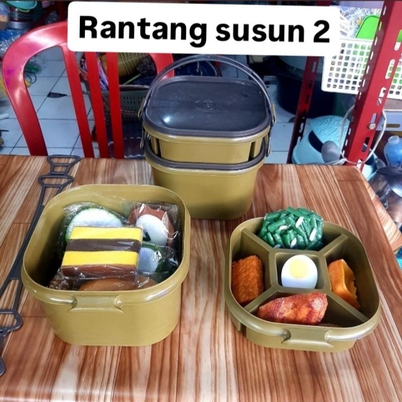 [DAPAT 12 SET] Rantang kotak berkatan / susun 2 susan / cokelat / coklat / sekat / bakul / wadah ber