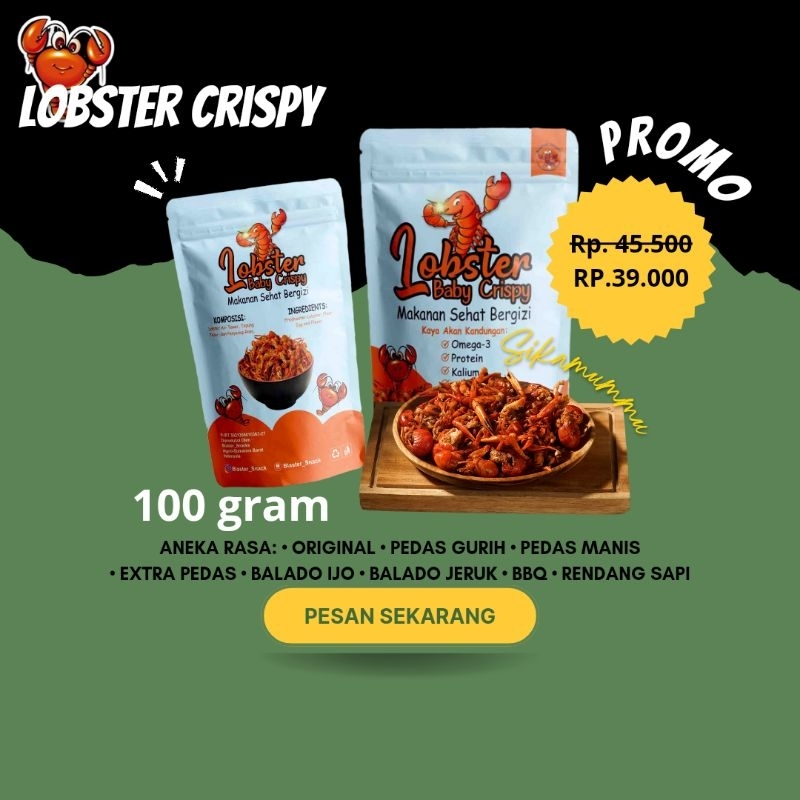 

Cemilan Lobster Krispi Air Tawar Kemasan 100gram| Gurih & Krispy