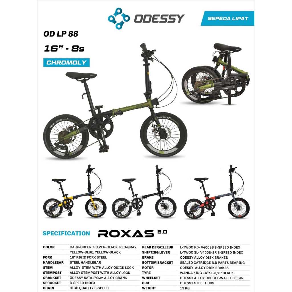 Sepeda Lipat 16 Inch ODESSY ROXAS 8.0 Chromoly 8 Speed Rem Cakram