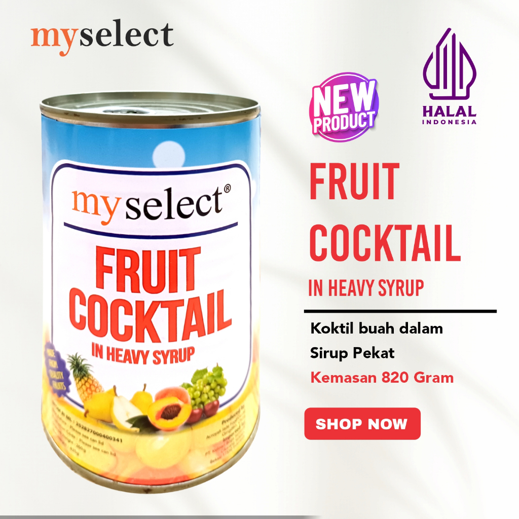 

Myselect fruit cocktail in Heavy Syrup koktil buah kemasan kaleng 820 gram mudah dibuka tanpa perlu pembuka kaleng