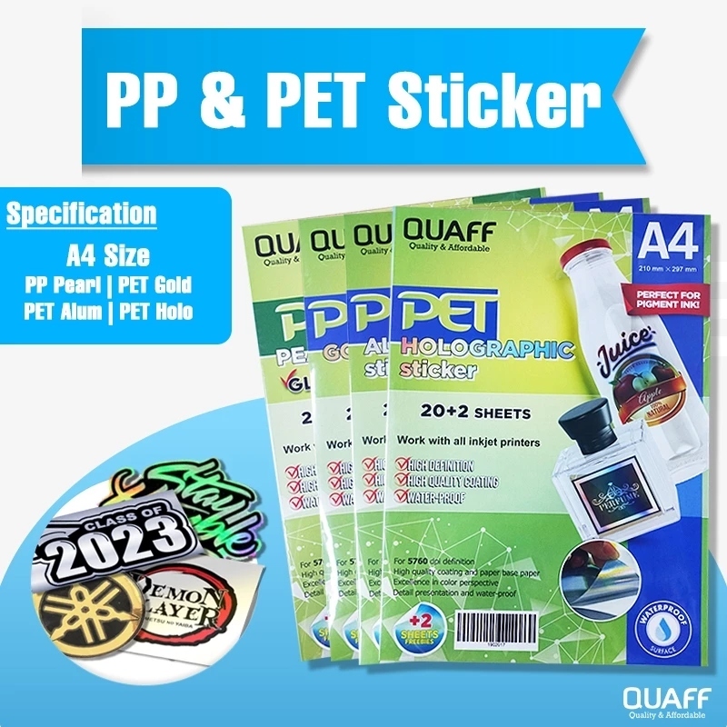 

Stiker Inkjet QUAFF Stiker PET Ukuran A4 / PP Pearl Sticker Tahan Air (20 lembar / pack)