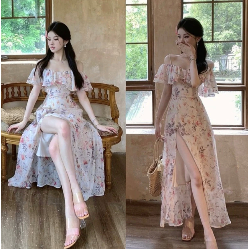 HMC- D1650 CARINDA KOREAN STYLE FLORAL VINTAGE MIDI DRESS SABRINA PANTAI BALI LIBURAN JALAN MANIS SA