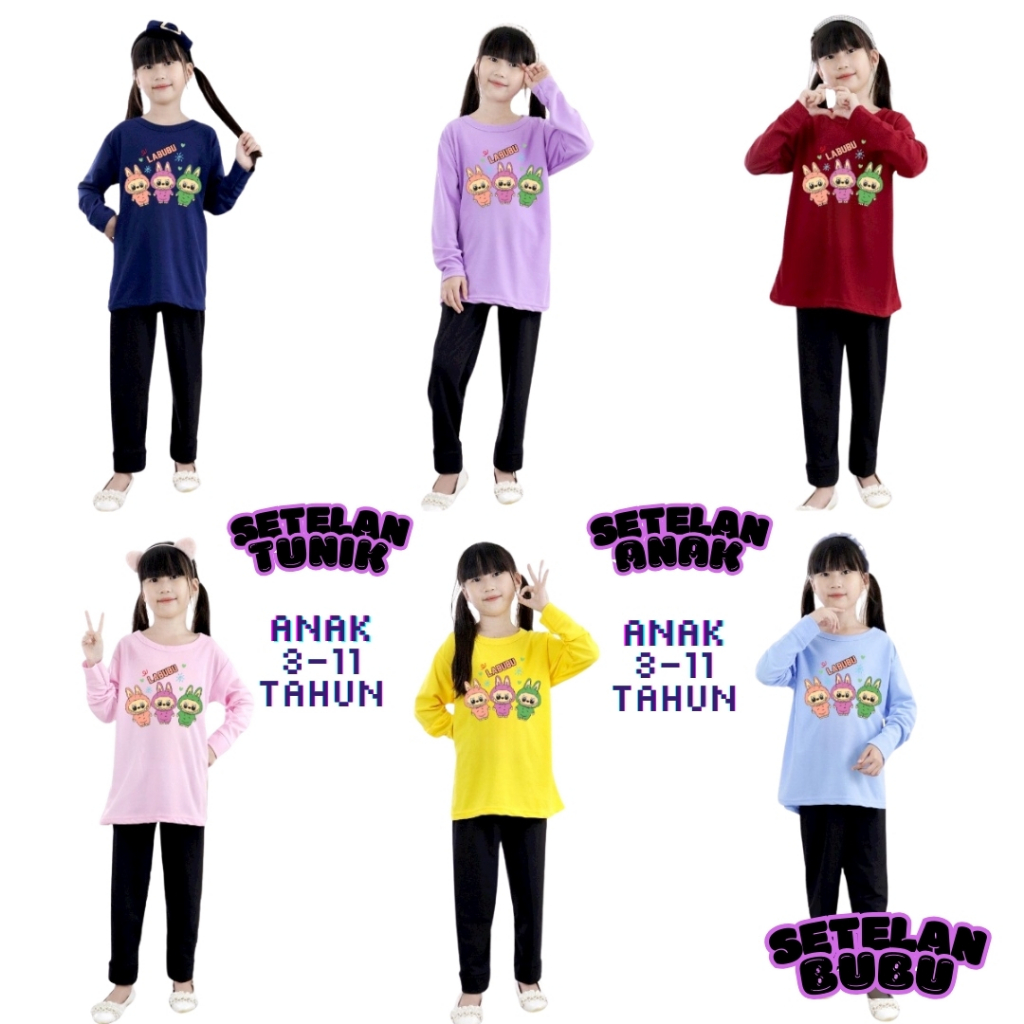 Baju tunik anak perempuan motif monster labubu untuk umur 3-11 tahun