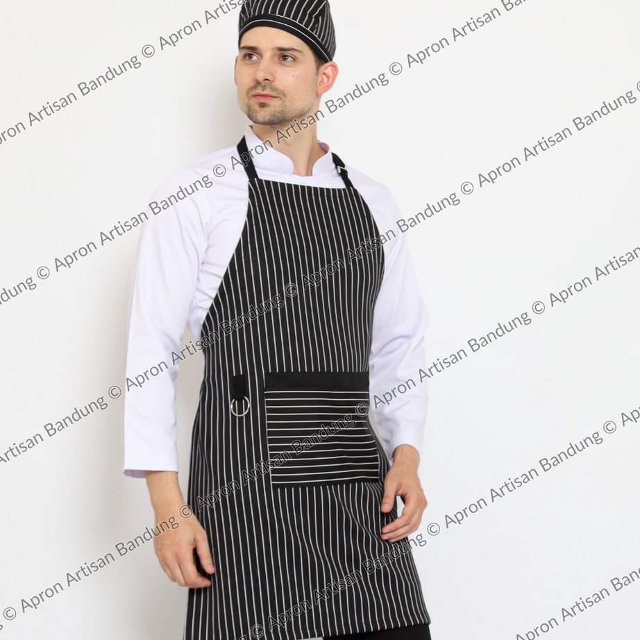Celemek Masak Apron Chef Full Tali Loreng Hitam Putih Ukuran All Size Untuk Koki Chef Waiters Barist