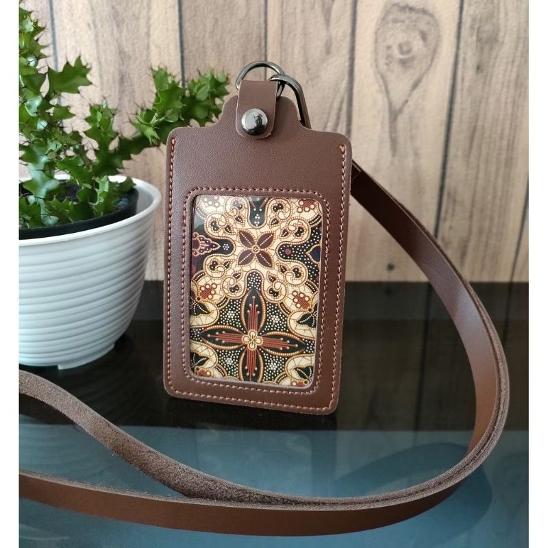 

name tag kulit id card kulit holder kancing lanyard coklat tua