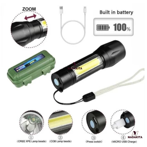 Senter Police LED Mini Zoom Lampu Emergancy Aksesoris Camping Hiking Super Terang Set Box Case Anti 