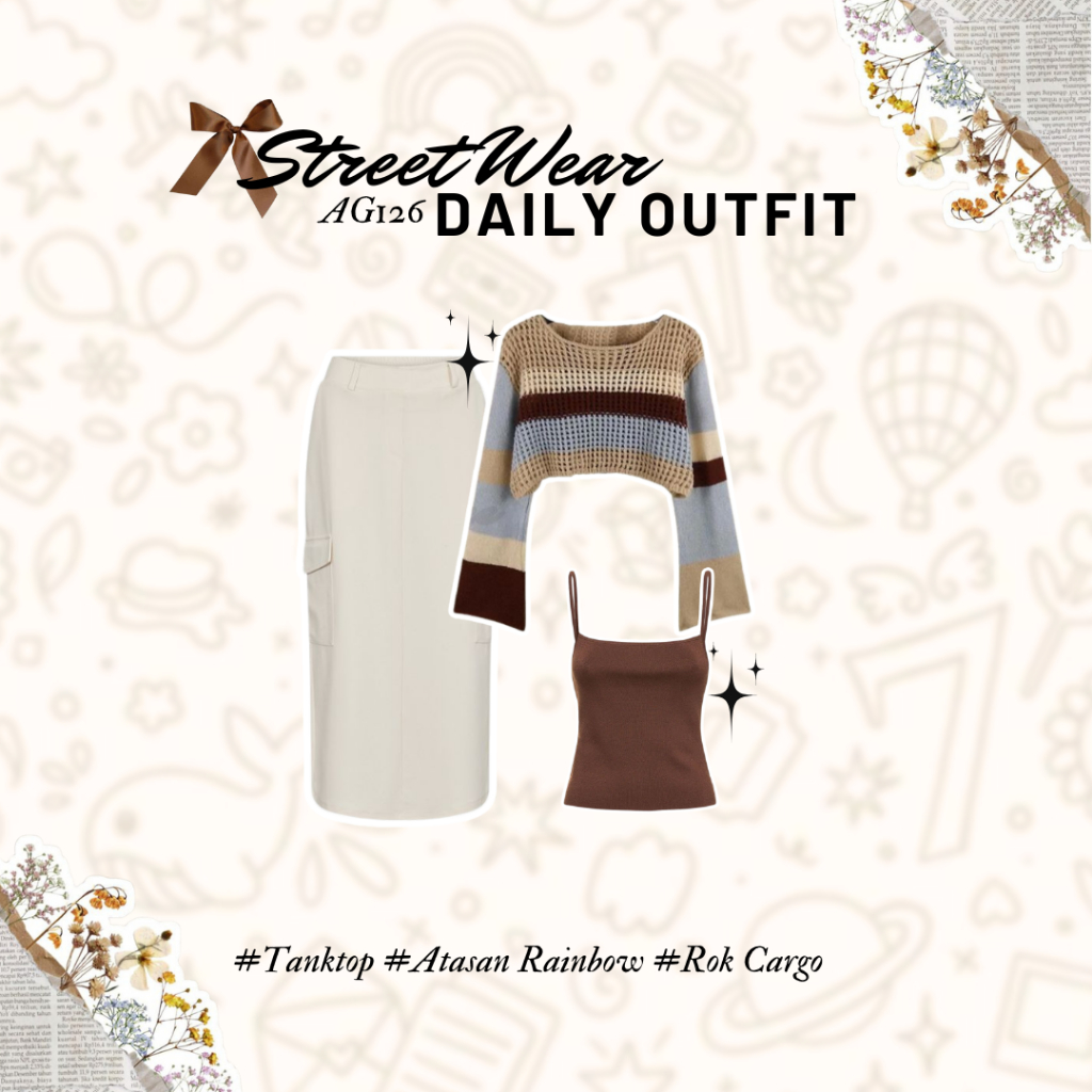 3in1 OOTD Korean Style Wanita Remaja Terkini Outfit Set Korean Style Atasan Rainbow Coklat Tanktop C