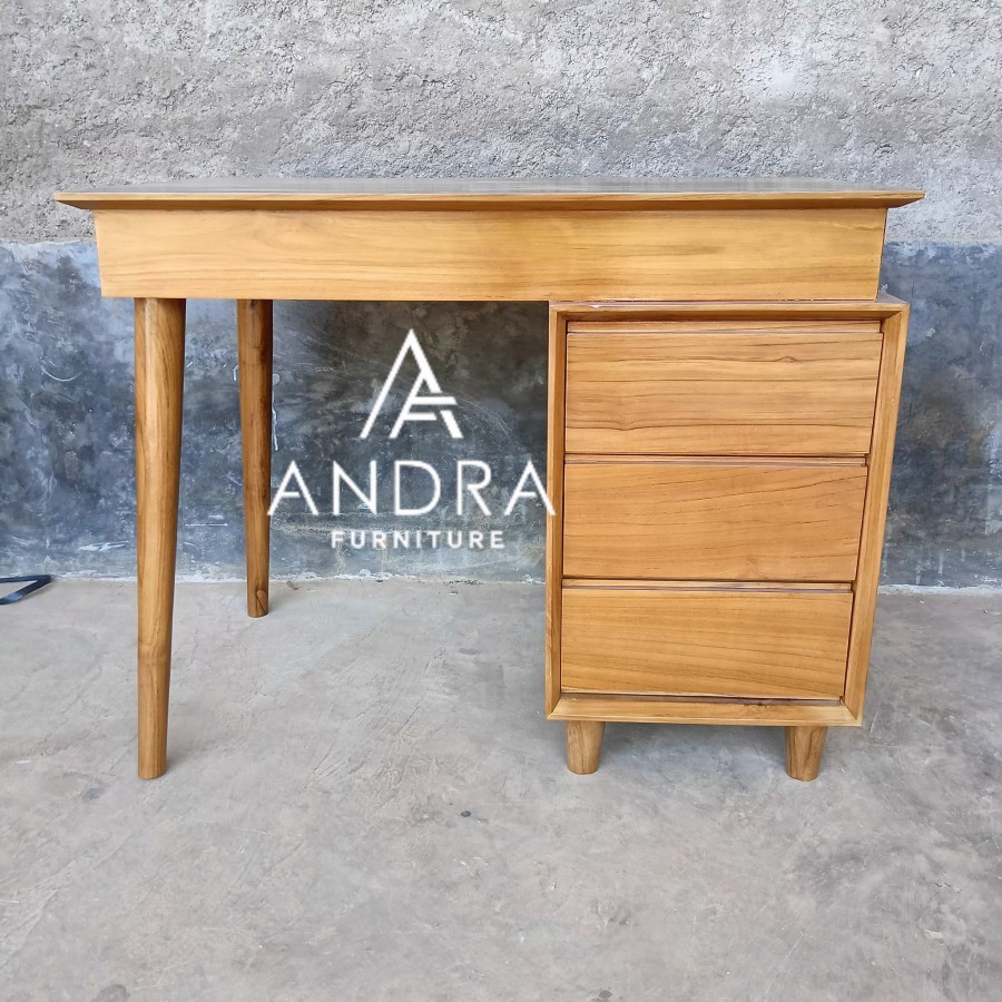 meja kantor minimalis kayu jati, meja belajar minimalis modern 3 laci rel besi