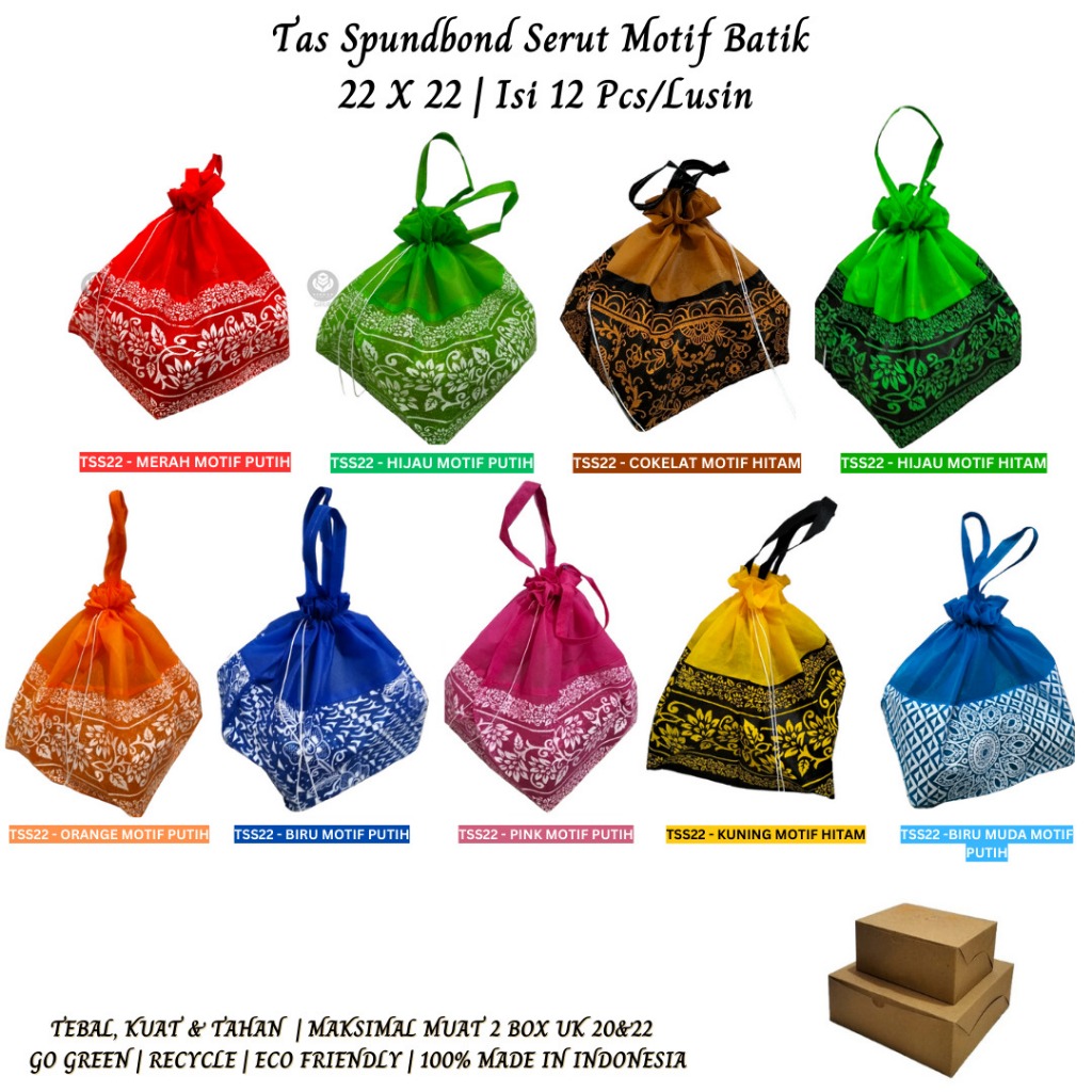 

Tas Spunbond Tas Kain Goodie Bag 22x22 Kantung (Tss22-Isi 12 Pcs)