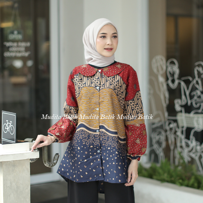 Batik Mudita Motif Nayaka Batik Wanita Modern Lengan Panjang Modern Warna Merah Biru Original Solo