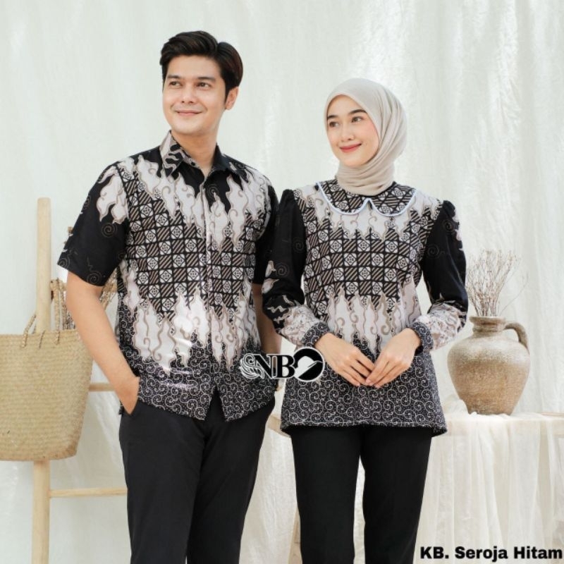Couple Blouse Seroja Hitam Fashion Batik Modern