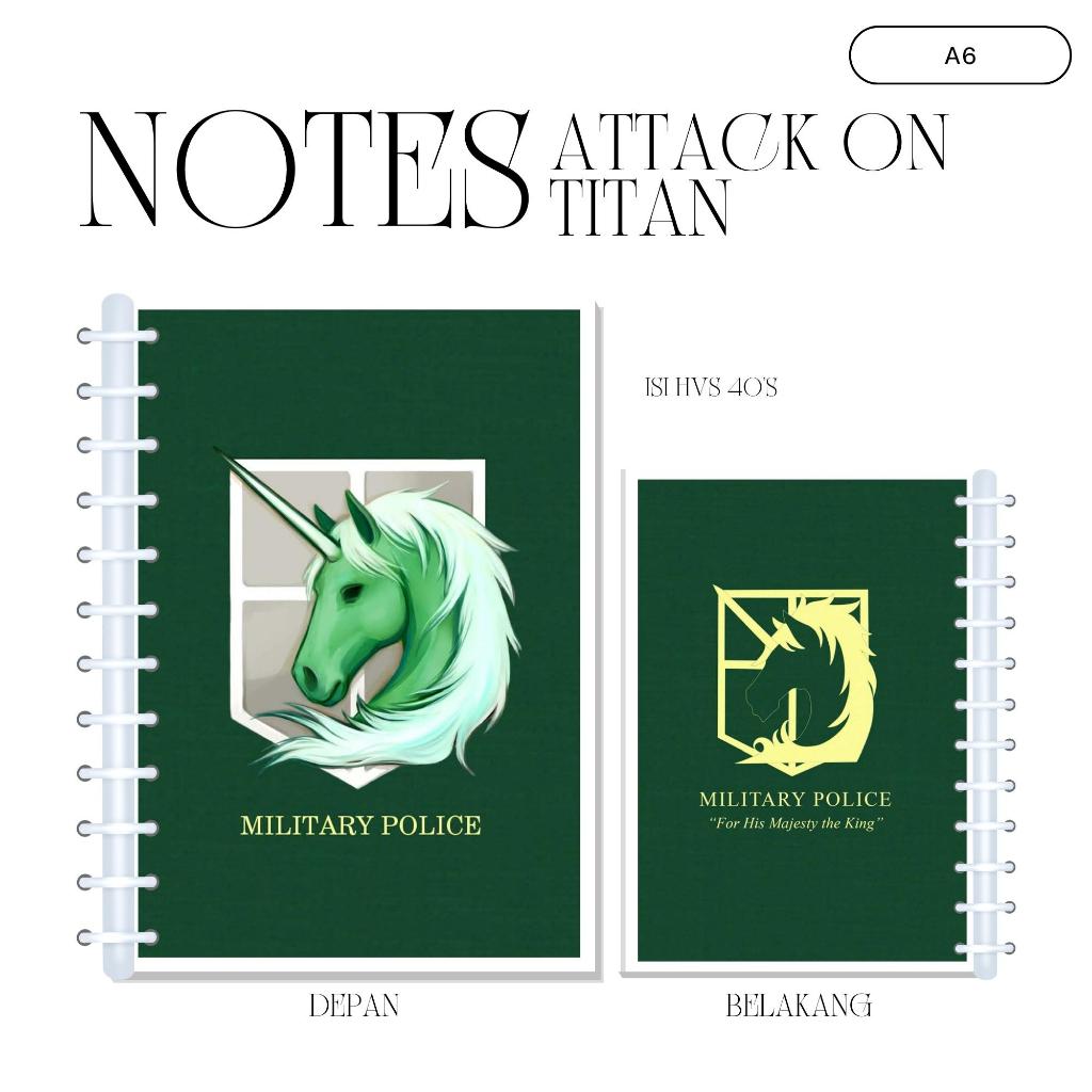 

A6 NOTES ATTACK ON TITAN (ISI 40 HVS + COVER LAMINASI 2 SISI) WIBU BUKU NOTEBOOK ANIME JPOP JEPANG JAPAN PREMIUM MURAH UNOFFICIAL MILITARY POLICE SCOUTING LEGION STATIONARY GUARD READY STOCK !