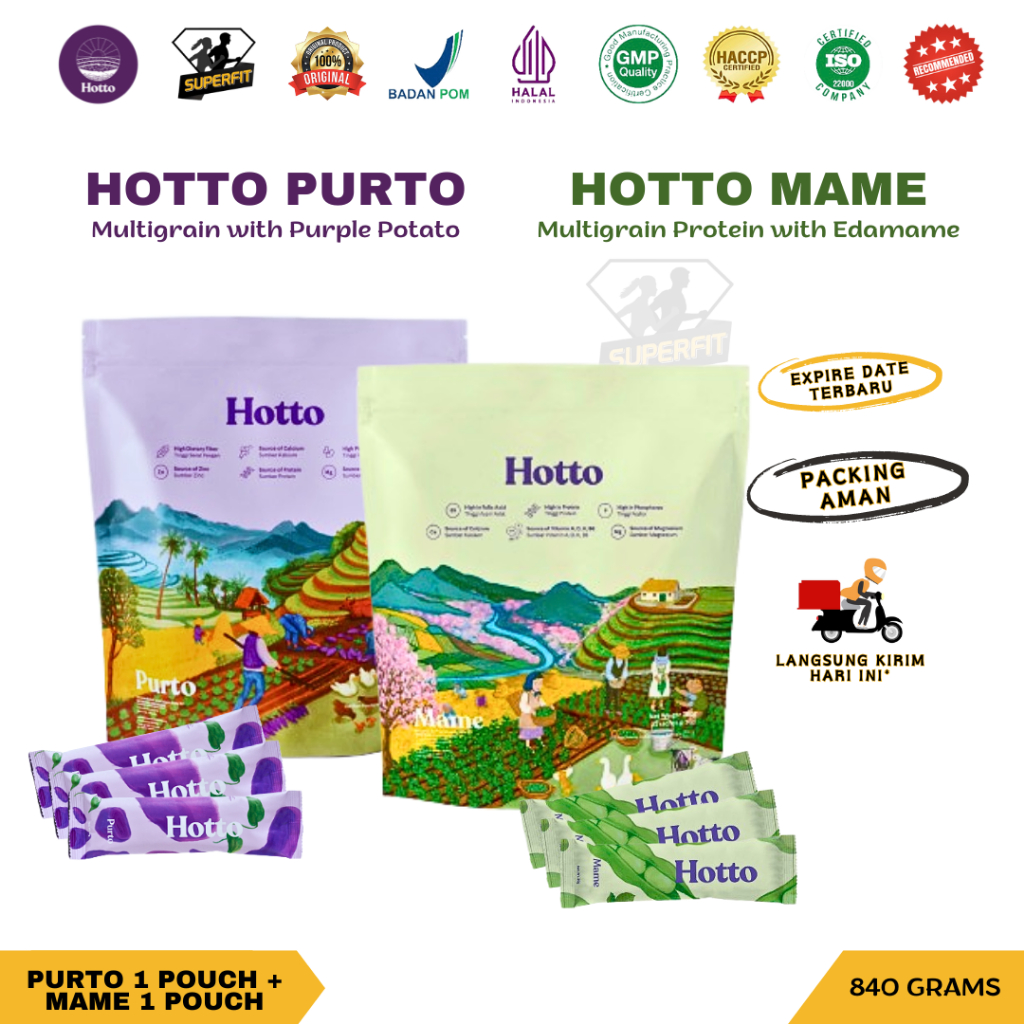 

HOTTO PURTO + HOTTO MAME Paket 2 Pouch Multigrain Purple Potato Edamame Prebiotik Oat Beta Glucan Diet Sehat Sereal Ubi Ungu Organik Kacang Kedelai Jepang Malt Whey Isolate Protein Rendah Kalori BPOM HALAL