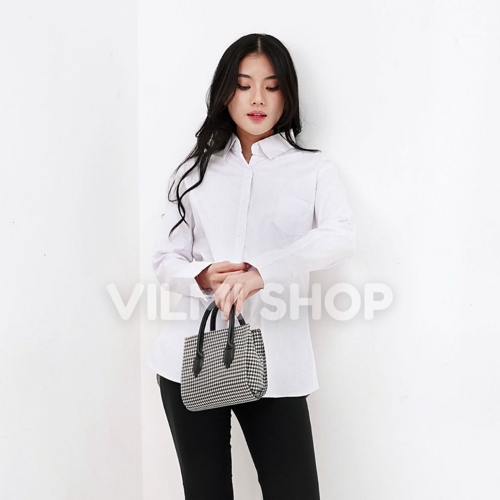 Hem Putih Wanita Lengan Panjang Kemeja Putih Kerja Kantor Wanita Saku 1 Bahan Katun Stretch