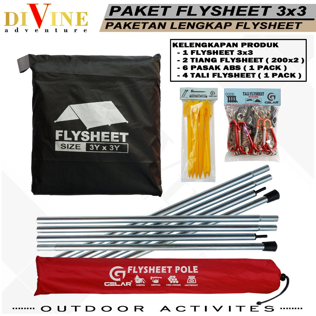 paketan flysheet tenda camping size 3x3 waterproof lengkap 1 flysheet 3x3 + 2 tiang + 6 pasak abs + 