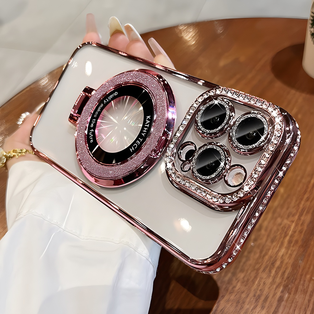 Case iphone 15 14 13 12 11 PRO MAX premium Mewah plating Berlapis Glitter Bracket Diamond-set Stand 