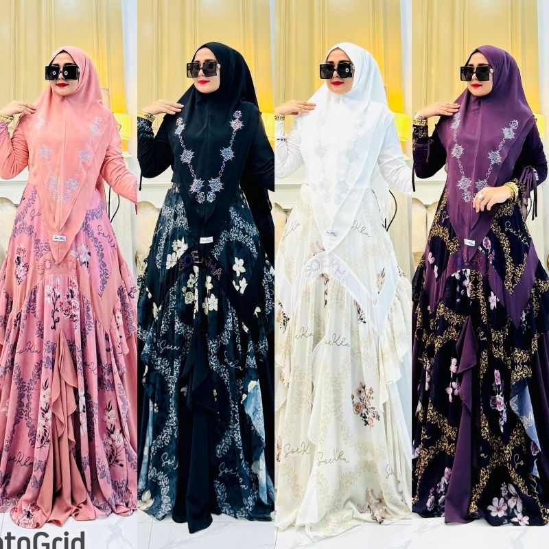 Gamis Ceruty Babydoll Printing Khimar Ceruty Polos Premium