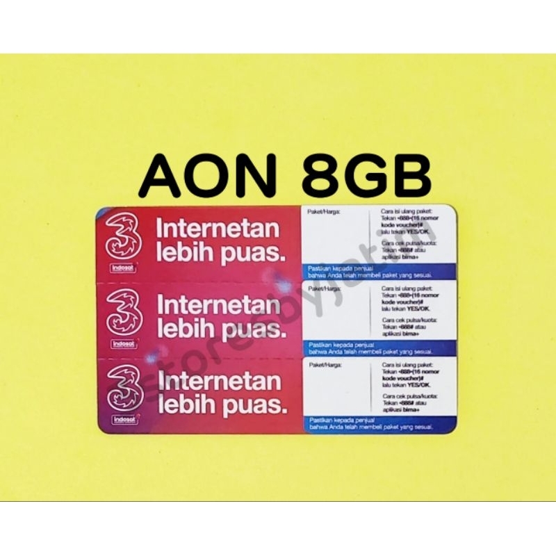 Voucher Kuota Data 3 / Three / Tri AON 8 / 12  ( Promo) NEW total (16GB)