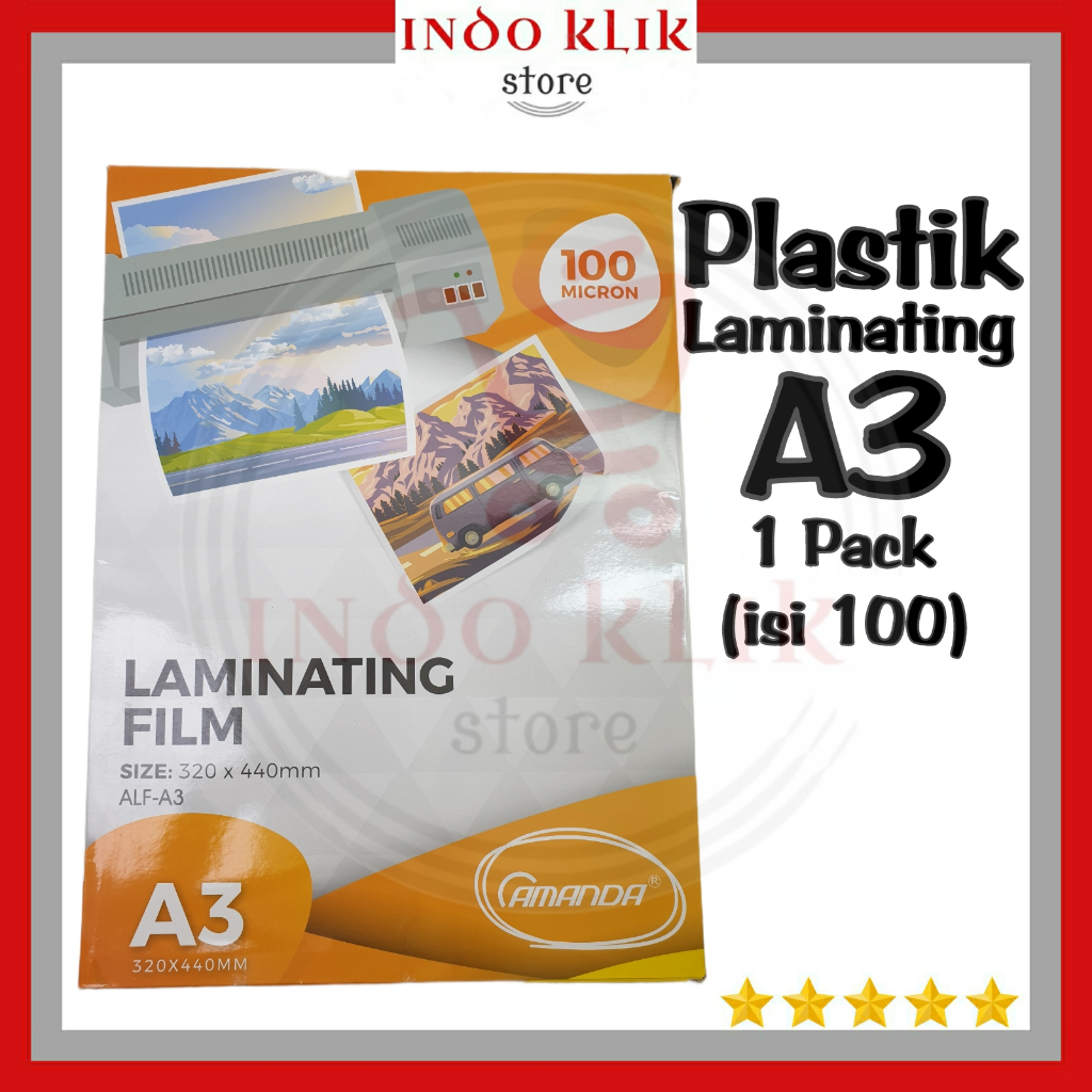 

Plastik Laminating Film A3 Amanda 100 Micron / isi 100 lembar 320 x 440 mm / Untuk1 Pak