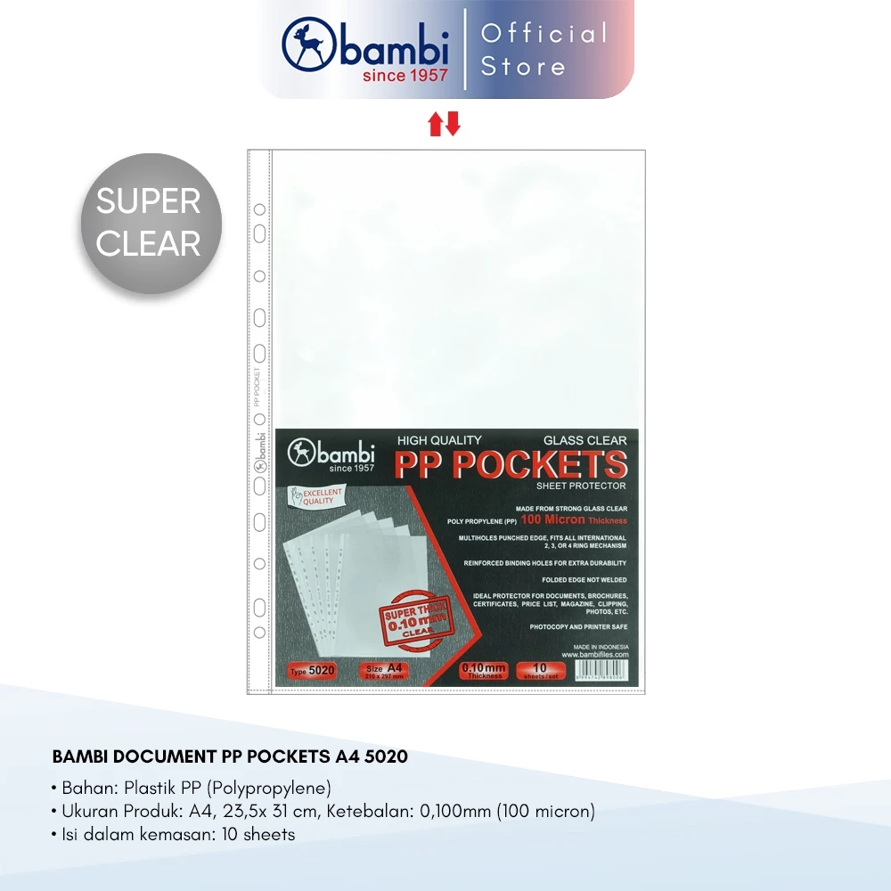 

Bambi Document Pocket Transparant Sleeve A4 Tebal 0.10 mm kode 5020