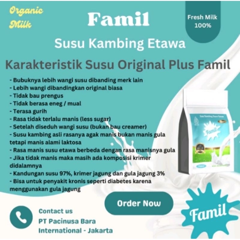 

Famil Susu Kambing Etawa Bubuk Dengan Kandungan 97% dan 3% Krimer Gula Jagung Susu Kambing Harga Terbaik Dikelasnya
