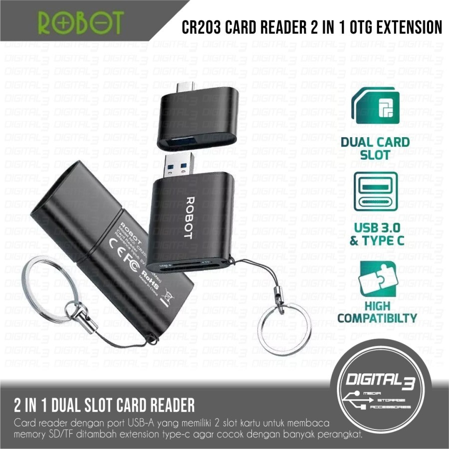 ROBOT CR203 Card Reader 2 in 1 USB Type-C Extension OTG SD TF Pembaca Kartu MicroSD