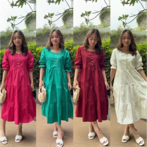 Dress Midi White Katun Kancing Lengan Karet / Dres Putih Wanita / Dres Midi Putih