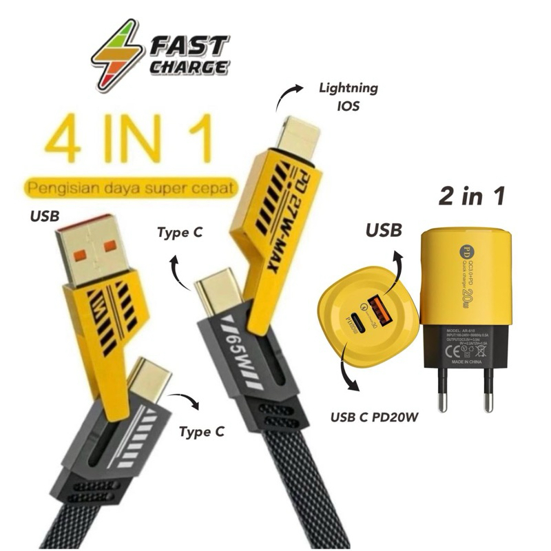 Kabel Data 4 in 1 Jaspan JK06 65W Fast Charging PD TYPE C TO C Kabel Casan 4in1 Type C USB iOS Lightning USB